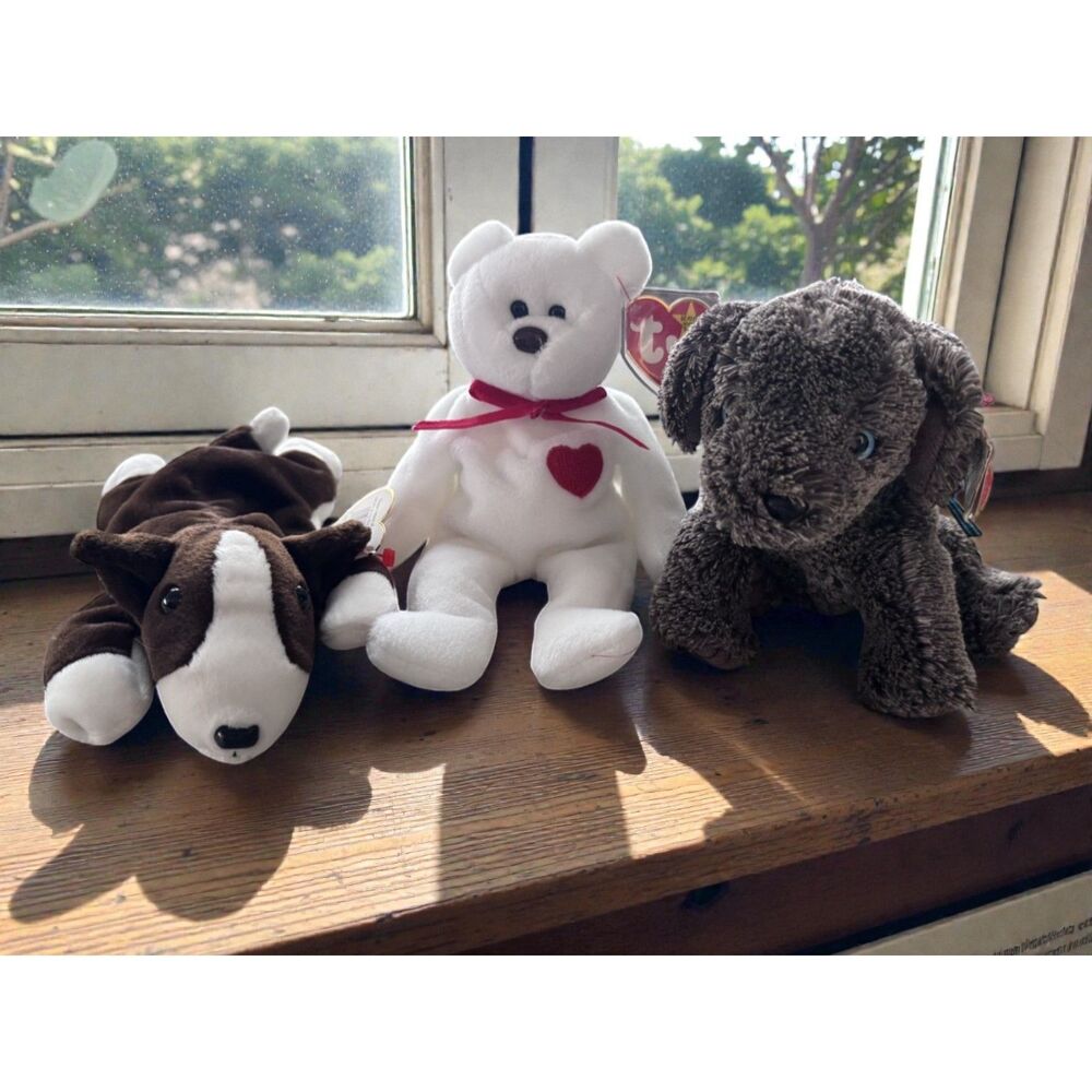 Lot 3 Ty Beanie Baby Valentino 1993 Bruno Dog 1997 Frisbee Dog 2001 With Tags